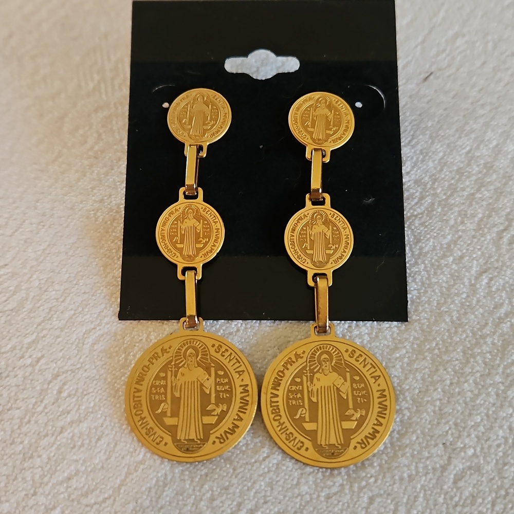 Gold Tone Saint Benedict Drop Earrings - Vintage-Inspired